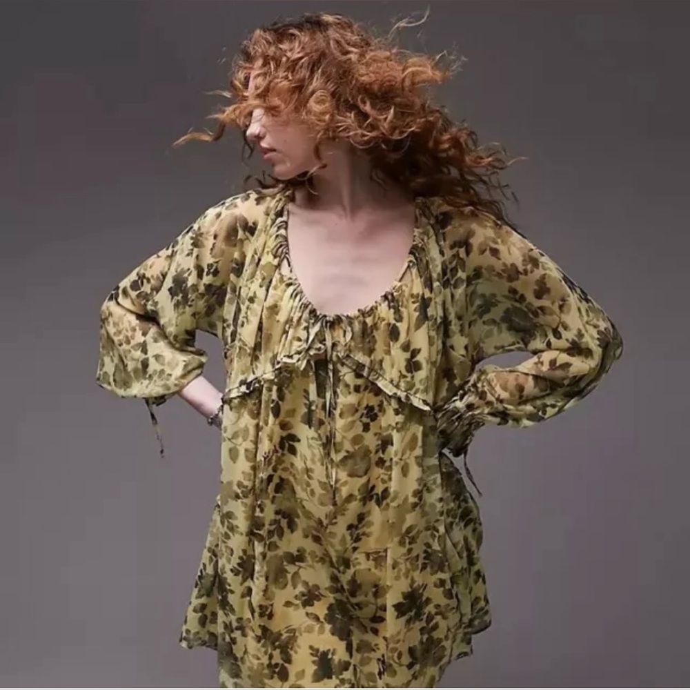 Topshop Floral Print Babydoll Dress Yellow Black Chuck Size 4